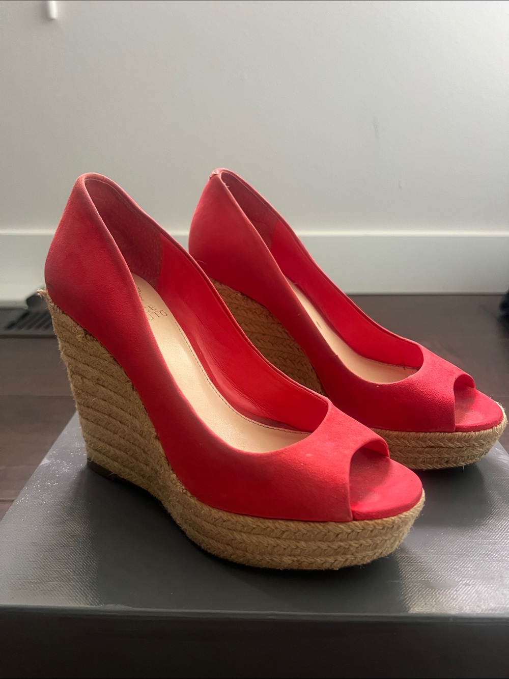 Vince Camuto Red Suede Peep-Toe Espadrille Wedges with Rope Platform